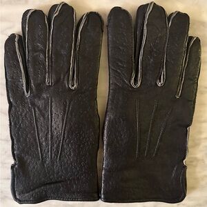 Men’s Vtg Black Leather Gloves Soft Leather Raw Edge Piping. Fleece Lined Size 9